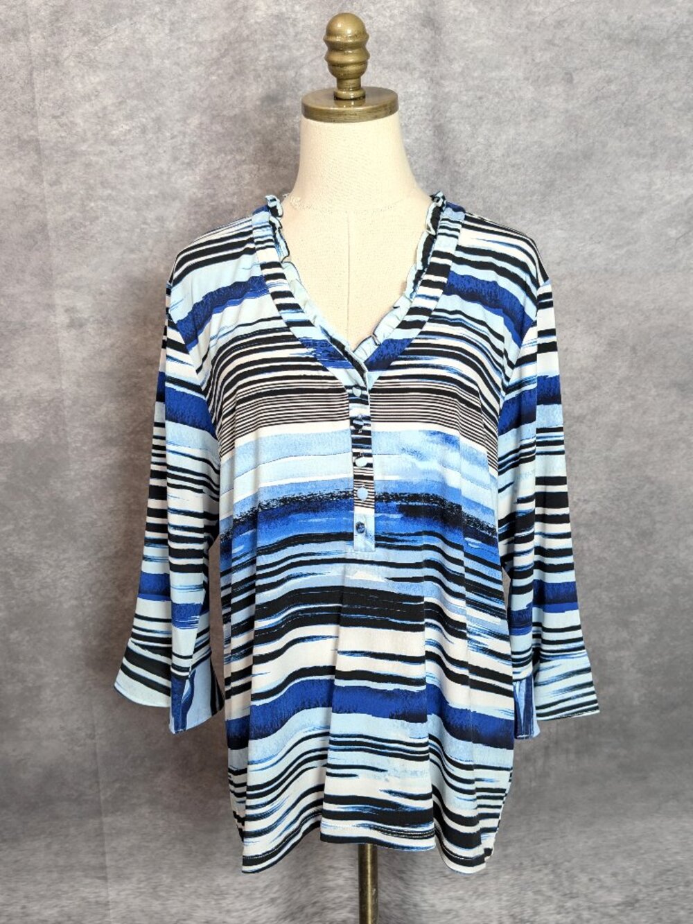 Karl Lagerfeld Paris Blue Striped Ruffle V-Neck Blouse XL  3/4 Flounce Sleeve